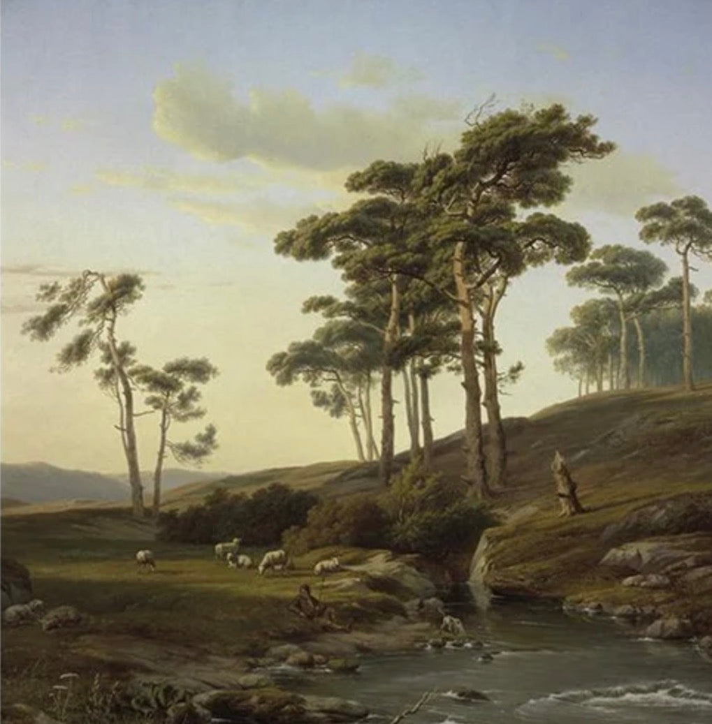 Fotobehang geschilderd landschap met dennen, schapen en een beek