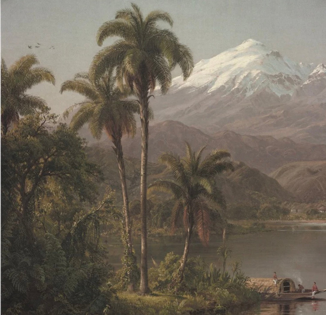 Fotobehang Tamaca Palms van Frederic Church – palmen aan een meer met besneeuwde vulkaan