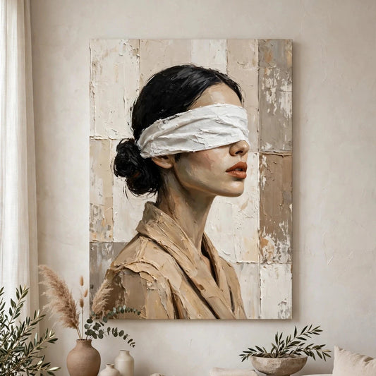Geblinddoekte Muze canvas boven een houten dressoir in een lichte, naturelle woonkamer