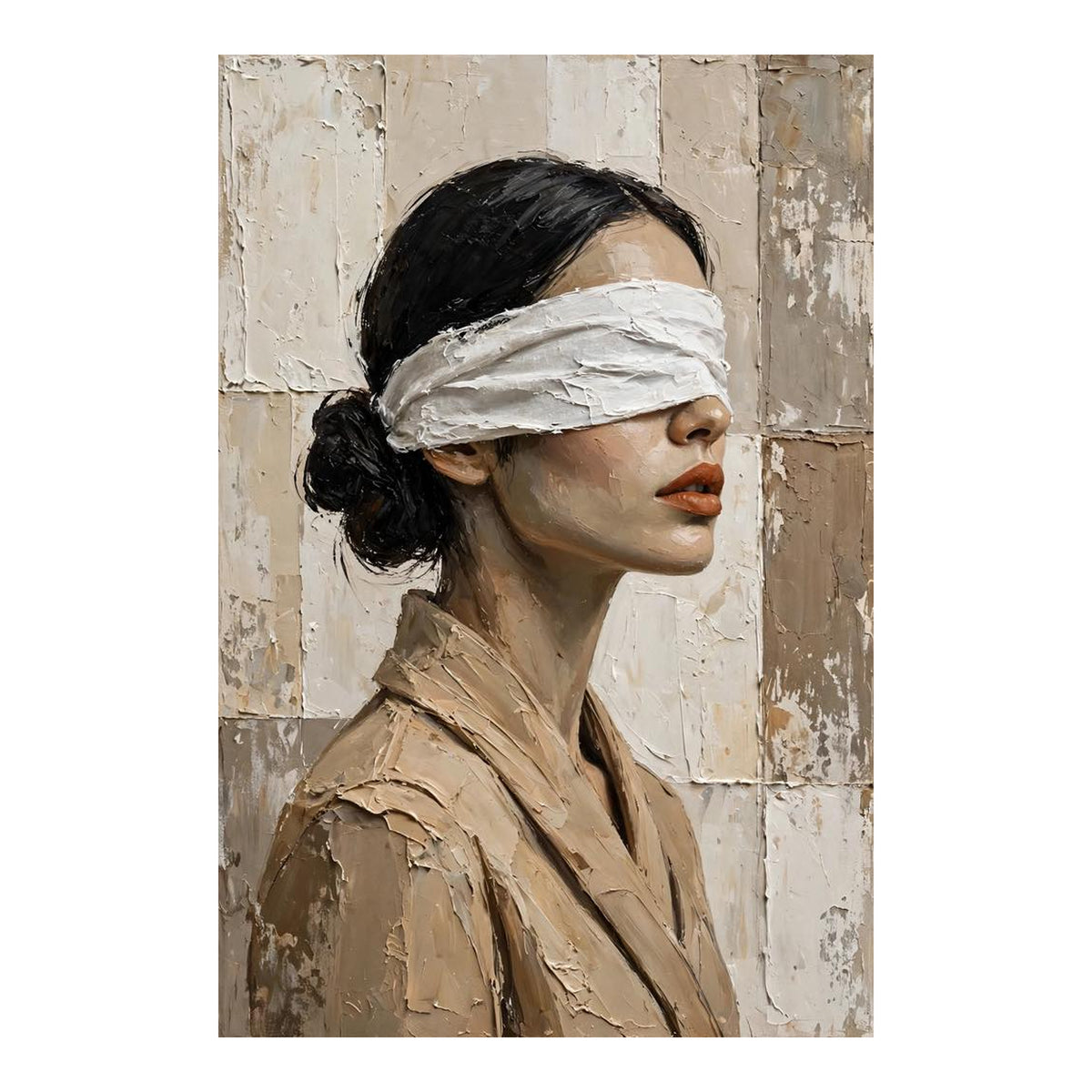 Geblinddoekte Muze, canvas van een vrouwenportret met een witte blinddoek en terracotta lippen in paletmesstijl