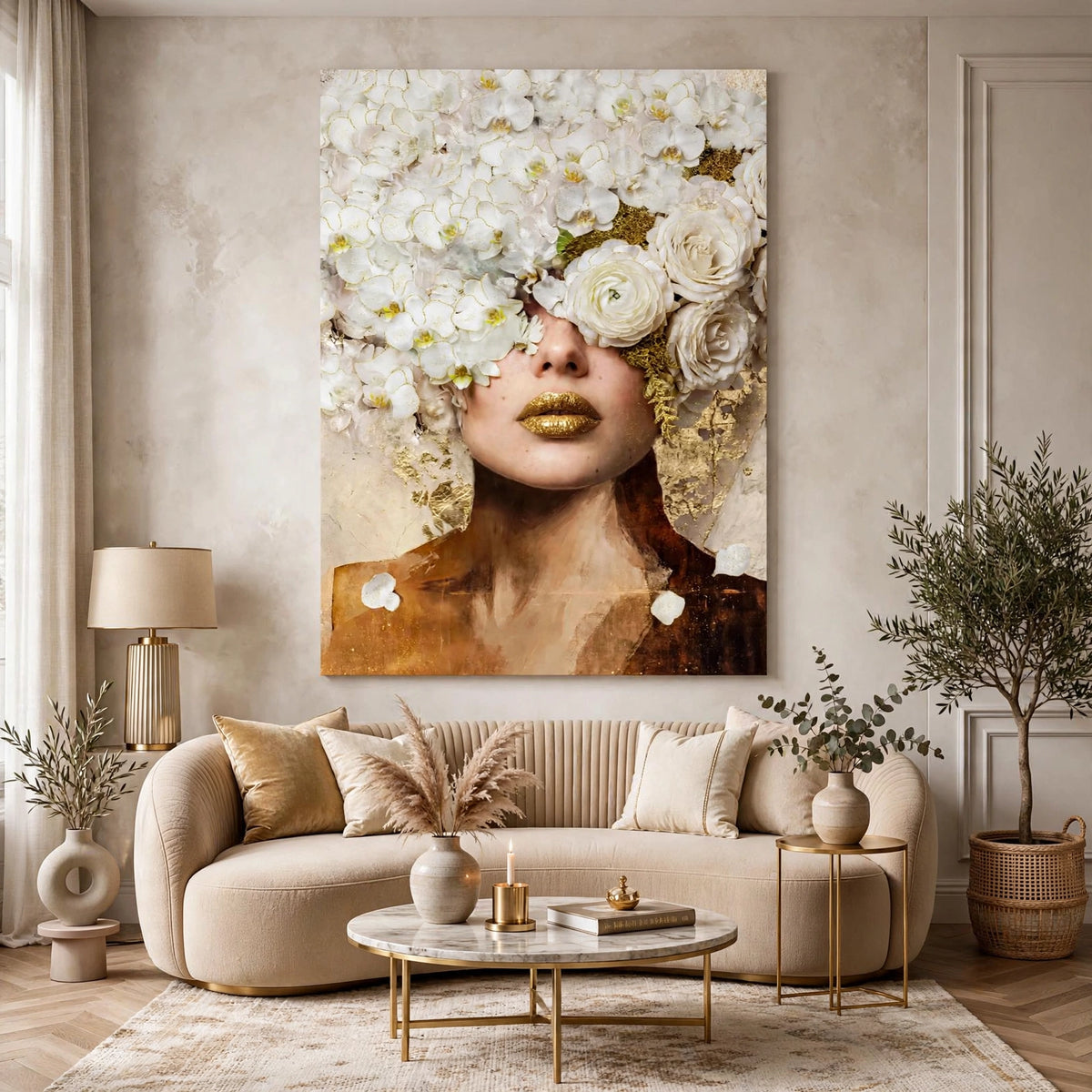 Orchidee in Goud – vrouwenportret met witte orchideeën en rozen over de ogen, gouden lippen en bladgoud, als canvas, poster of plexiglas