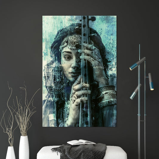 Poster Boho No2 Blue – vrouwenportret in boho stijl, blauwe tinten