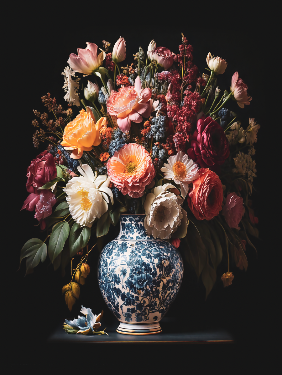 Poster Delfts Blauw Vaas met Bloemen in 75 x 100 cm