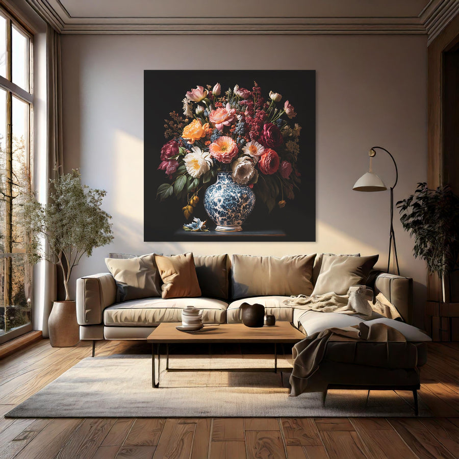 Poster Delfts Blauw Vaas met Bloemen in een interieur, ander aanzicht