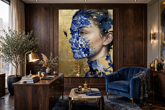 Poster Delfts Goud No2 in een werkkamer, vrouw in profiel met Delfts blauwe bloemen op bladgoud
