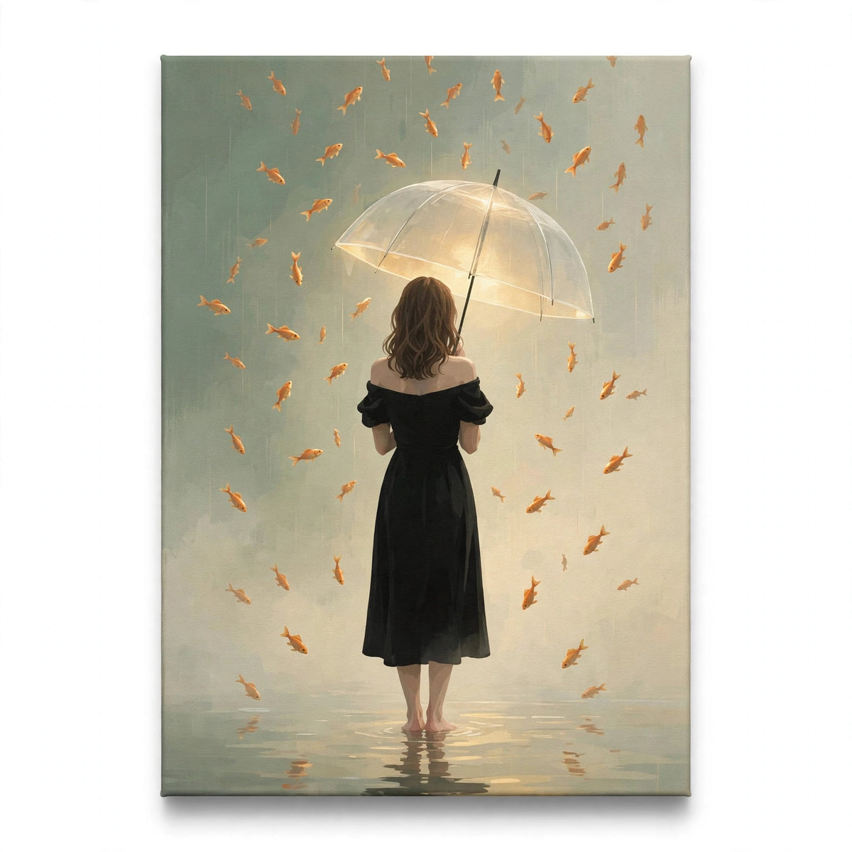 Regen van Goudvissen, canvas van een vrouw met doorzichtige paraplu in het water tussen zwevende goudvissen