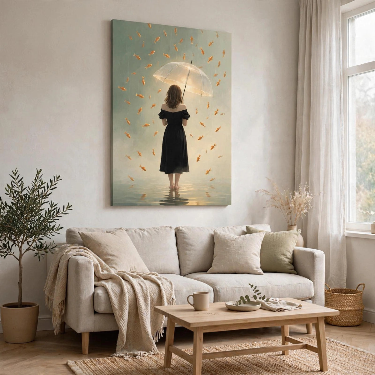 Regen van Goudvissen canvas boven de bank in een lichte, sfeervolle woonkamer