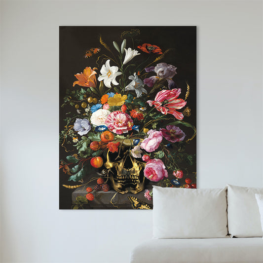 Poster Flower Skull – schedel met bloemen in donkere tinten