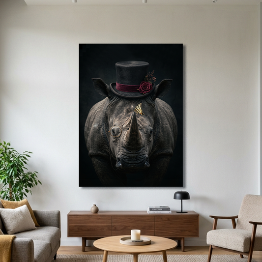 Stijlvolle Neushoorn poster aan de muur in een sfeervol interieur