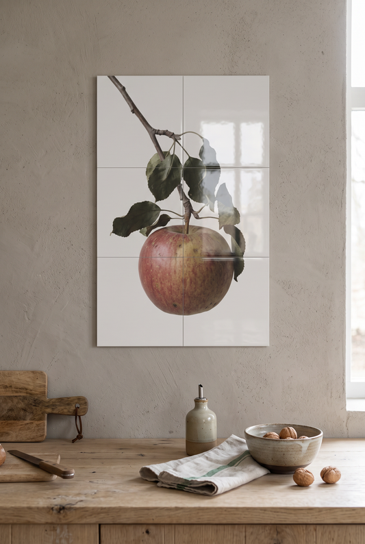 Tegeltableau Appel met rode appel aan een tak aan de muur in een keuken
