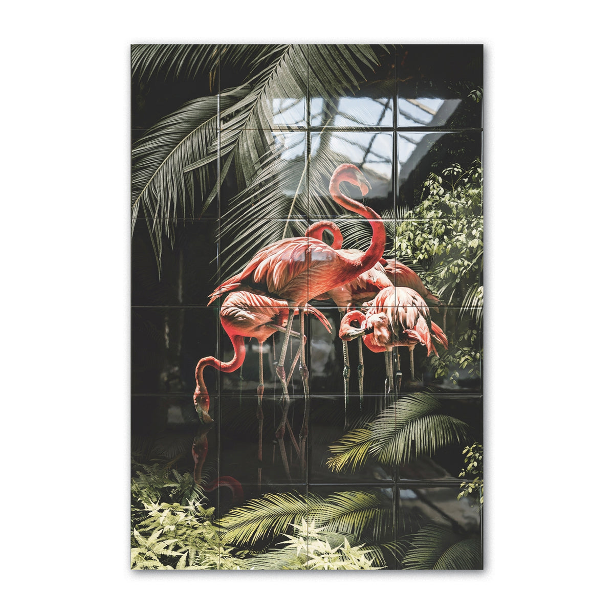Tegeltableau Flamingo's in hoogglans, roze flamingo's tussen palmbladeren