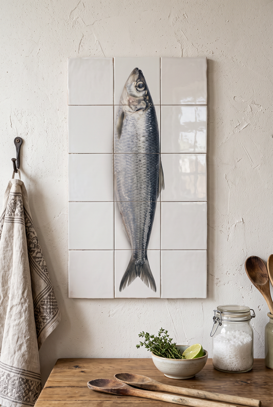 Tegeltableau Haring met zilveren haring aan de muur in een keuken