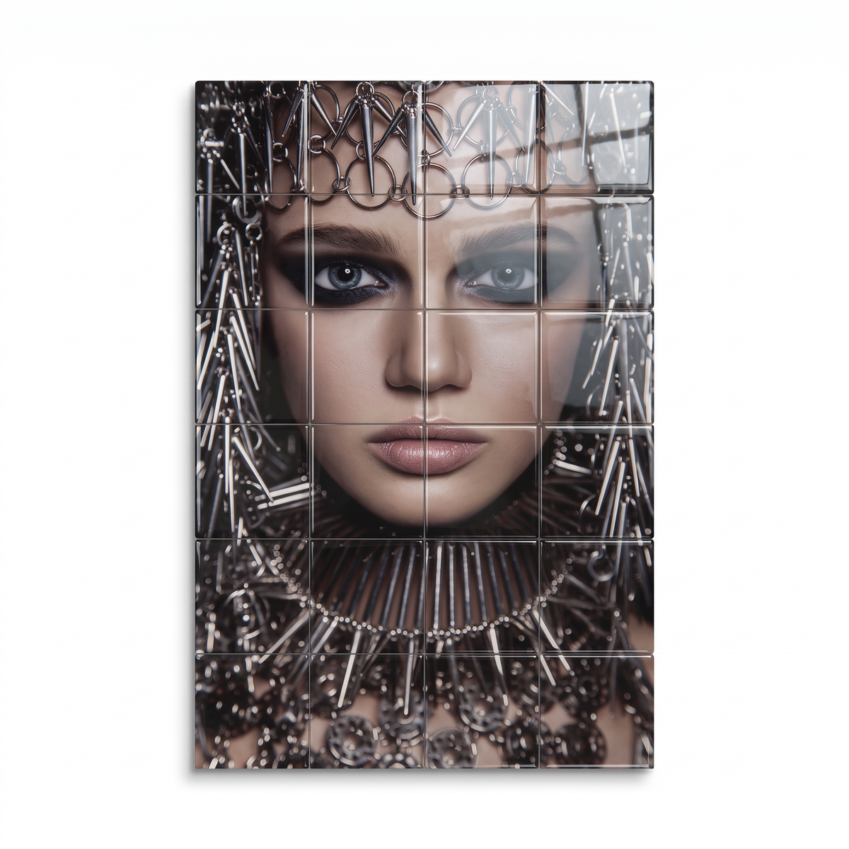Tegeltableau Iron Woman in hoogglans, vrouw met zilveren metalen hoofdtooi