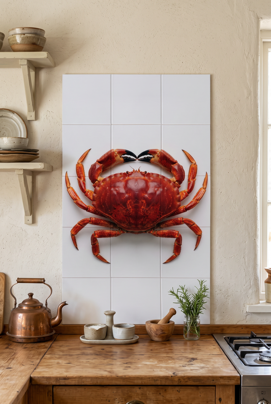 Tegeltableau Krab met rode krab aan de muur in een keuken
