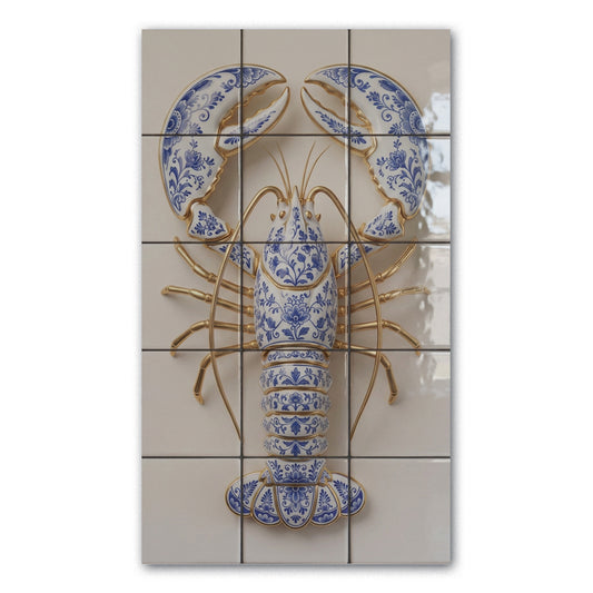 Tegeltableau Kreeft in hoogglans, Delfts blauwe kreeft met gouden accenten
