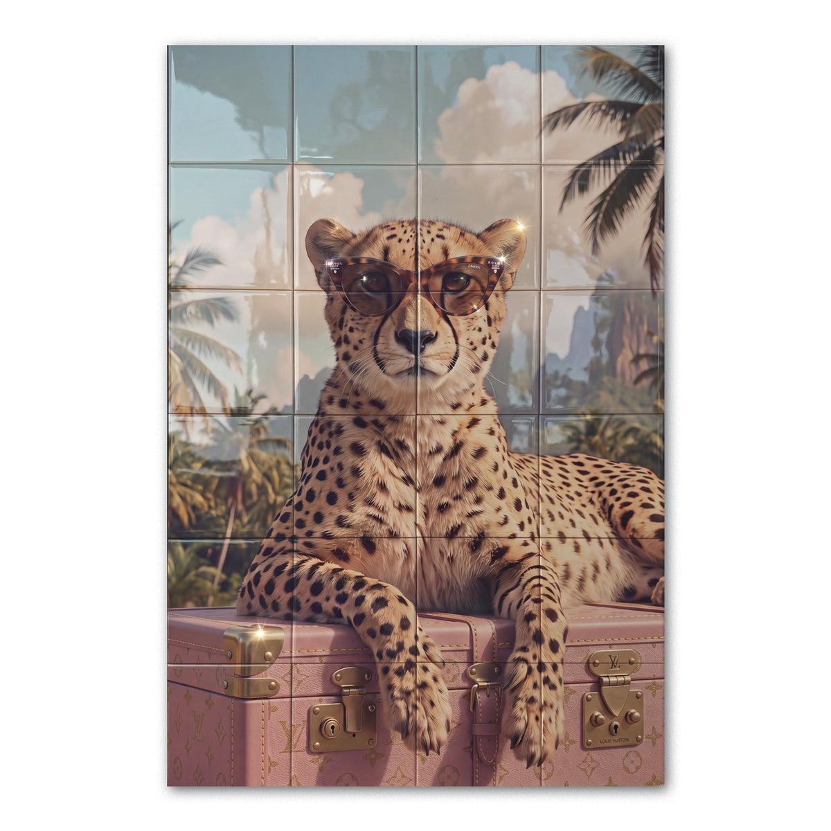 Tegeltableau Leopard in hoogglans, luipaard met zonnebril op een roze koffer