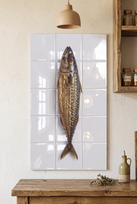 Tegeltableau Makreel met gerookte makreel aan de muur in een keuken