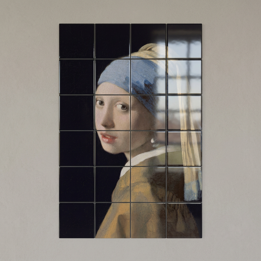 Tegeltableau Meisje met de Parel in hoogglans aan een grijze muur