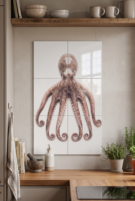 Tegeltableau Octo met octopus aan de muur in een keuken