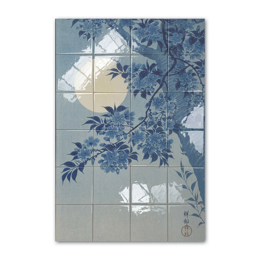 Tegeltableau Ohara Koson in hoogglans, blauwe kersenbloesem voor een volle maan