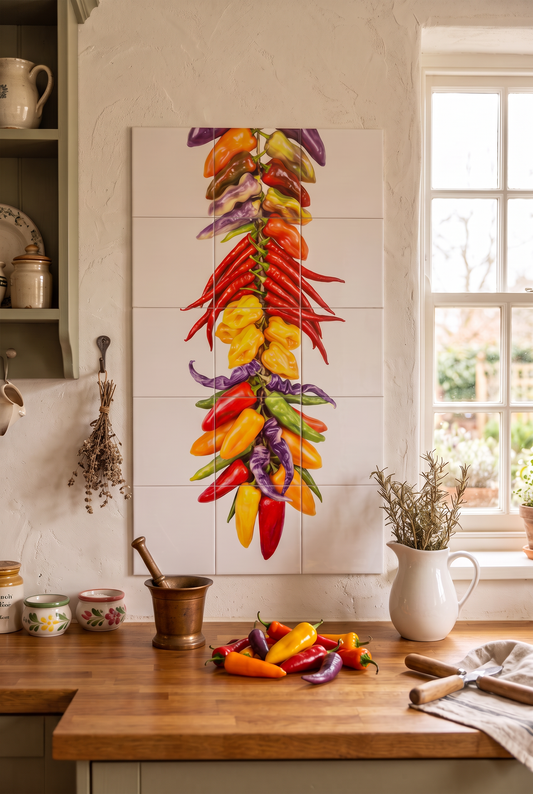Tegeltableau Pepers met kleurrijke pepers aan de muur in een keuken