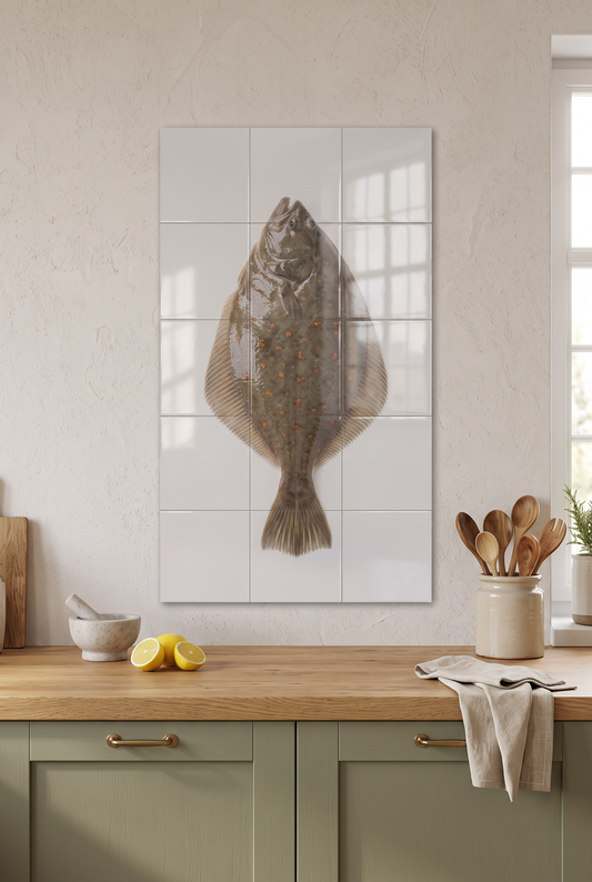 Tegeltableau Schol met platvis aan de muur in een keuken