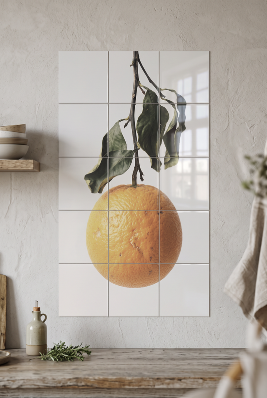 Tegeltableau Sinaasappel met sinaasappel aan een tak aan de muur in een keuken