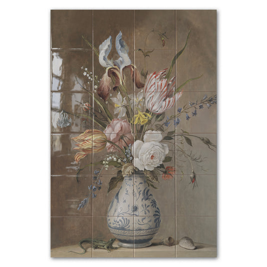 Tegeltableau Stil Leven Baltasar in hoogglans, bloemen in een Delfts blauwe vaas