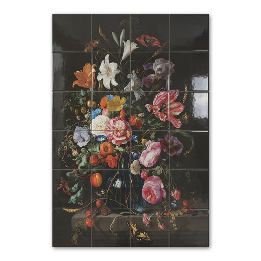 Tegeltableau Stil Leven Vaas met Bloemen in hoogglans, bloemstilleven op donkere achtergrond