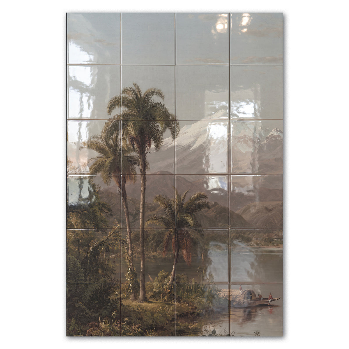 Tegeltableau Tamaca Palms in hoogglans, palmbomen bij een rivier met bergen