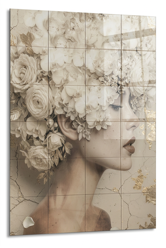 Tegeltableau Tropez in hoogglans, schuin aanzicht van vrouw met witte bloemen in het haar