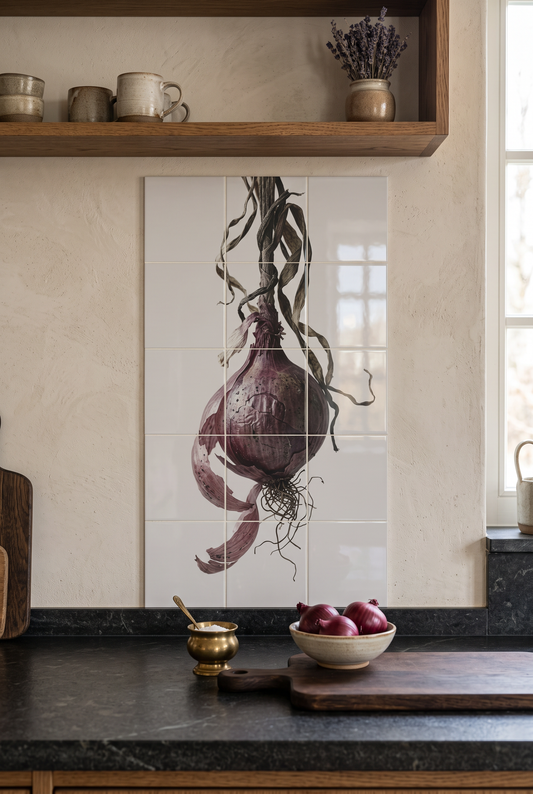 Tegeltableau Ui met rode ui aan de muur in een keuken