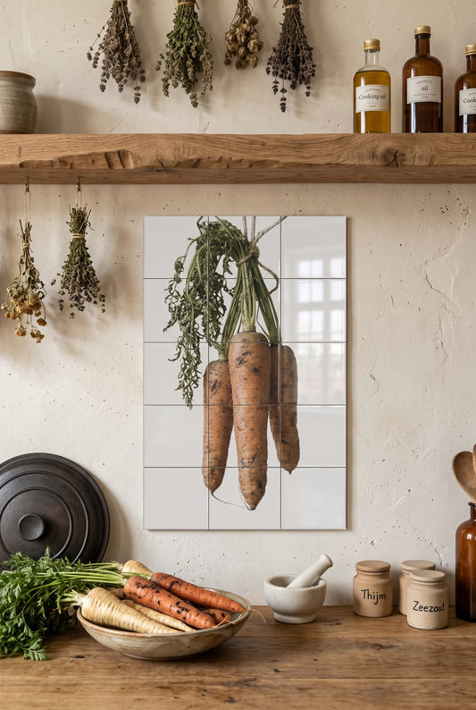 Tegeltableau Wortel met bosje wortels aan de muur in een keuken