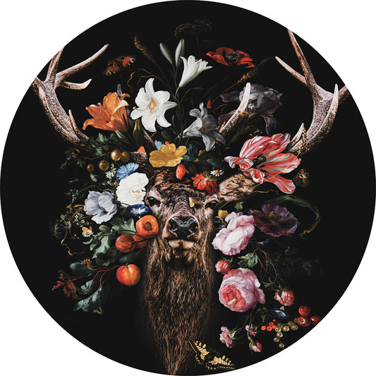 Wandcirkel Flower Deer – hert met bloemen in donkere tinten
