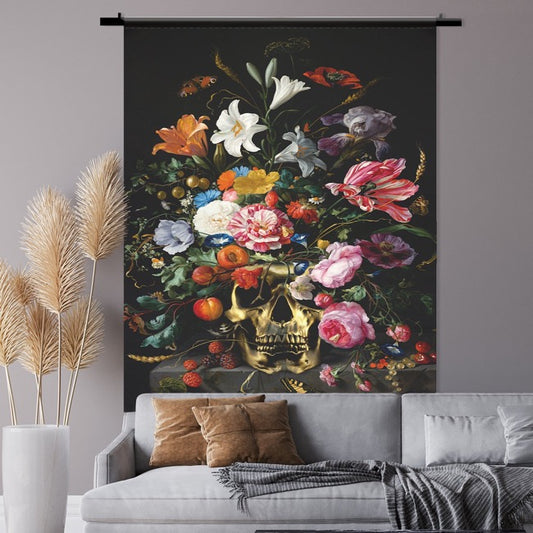 Wandkleed Skull met Bloemen – schedel met bloemen, Oude Meesters stijl