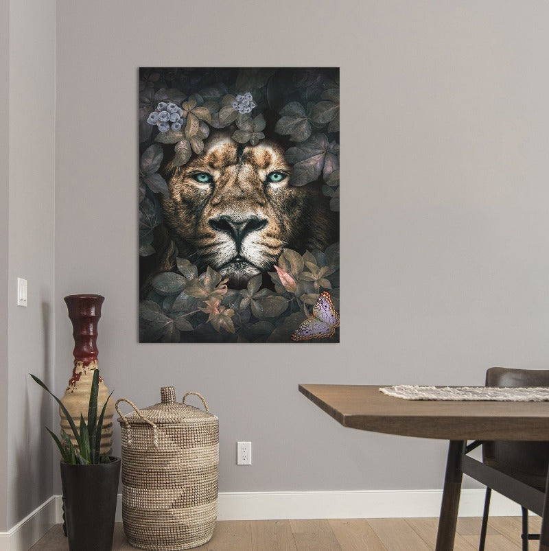 Schilderij Leeuw met bladeren