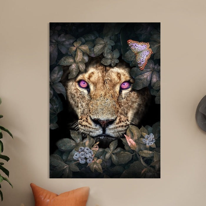 Poster Autumn Lioness op plexiglas, canvas, dibond of als poster