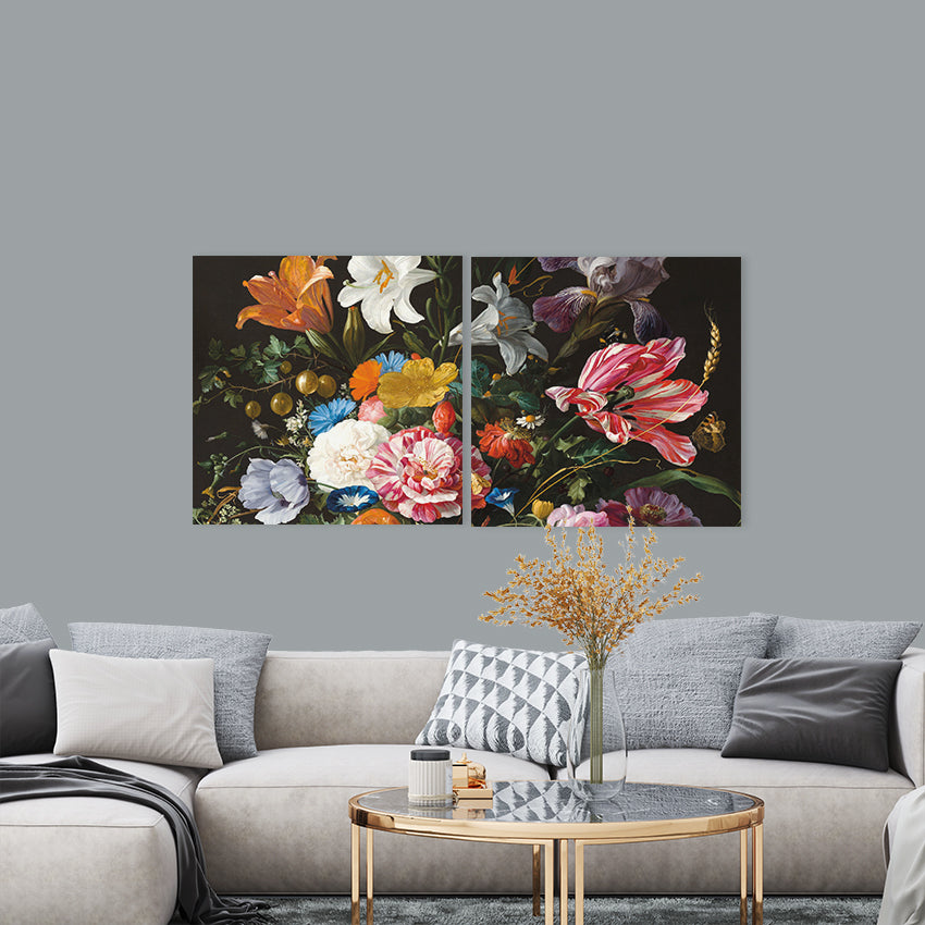 Canvas Stil Leven Bloemen tweeluik van 60 x 60 cm in een woonkamer