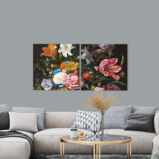Canvas Stil Leven Bloemen tweeluik van 60 x 60 cm in een woonkamer