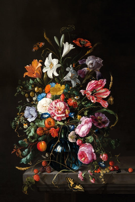 Poster Stil Leven Vaas met Bloemen in 100 x 150 cm, bloemstilleven met tulpen, lelies en rozen op een donkere achtergrond