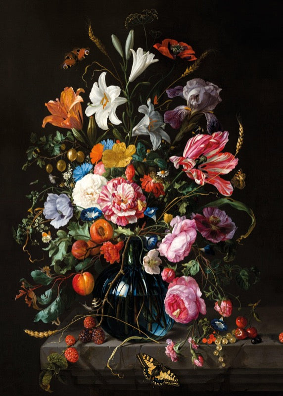 Poster Stil Leven Vaas met Bloemen in 50 x 70 cm, bloemstilleven met tulpen, lelies en rozen op een donkere achtergrond