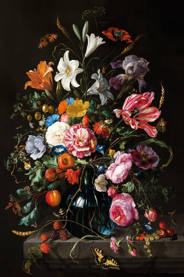 Poster Stil Leven Vaas met Bloemen in 60 x 90 cm, bloemstilleven met tulpen, lelies en rozen op een donkere achtergrond