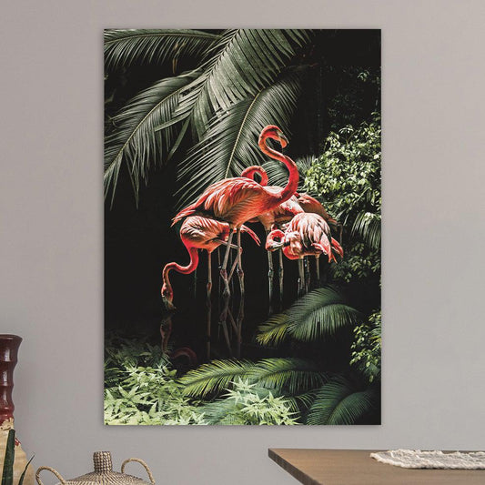 Poster Botanische Flamingo's – flamingo's tussen botanische planten in donkere tinten
