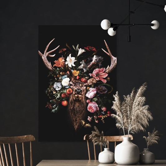 Poster Flower Deer – hert met bloemen in donkere tinten