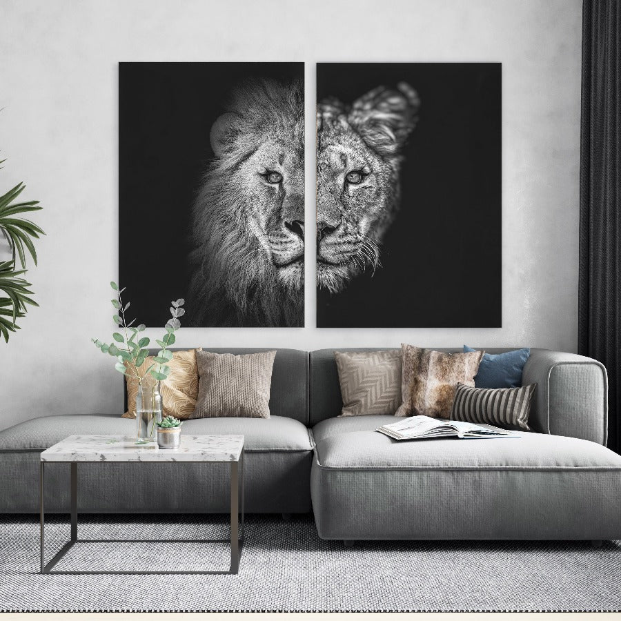 Tweeluik Lion and Lioness No1 – leeuw en leeuwin in zwart-wit