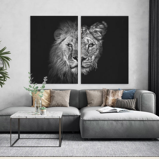 Tweeluik Lion and Lioness No1 – leeuw en leeuwin in zwart-wit
