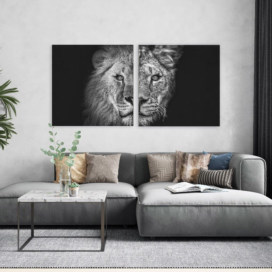 Tweeluik Lion and Lioness No1, zwart-wit set van twee