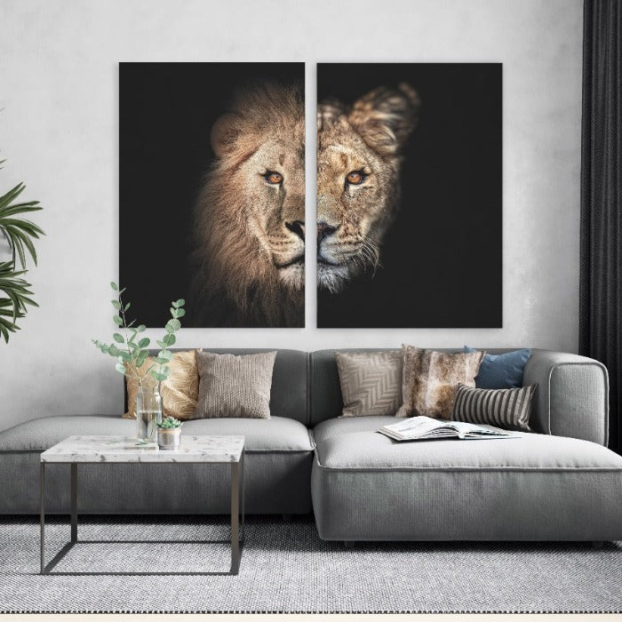 Tweeluik Lion and Lioness No1 – leeuw en leeuwin in donkere tinten