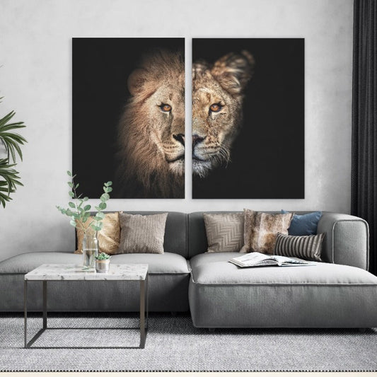 Tweeluik Lion and Lioness No1 – leeuw en leeuwin in donkere tinten