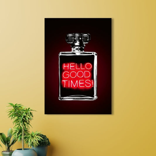 Schilderij Parfum Neon No2 in een interieur, neon parfumfles met de tekst 'Hello Good Times!'